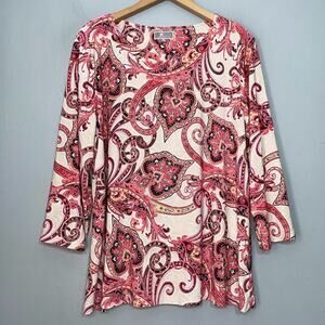 JM Collection Top Size XL Pink Paisley Stretch Knit 3/4 Sleeve Preppy Chic Shirt